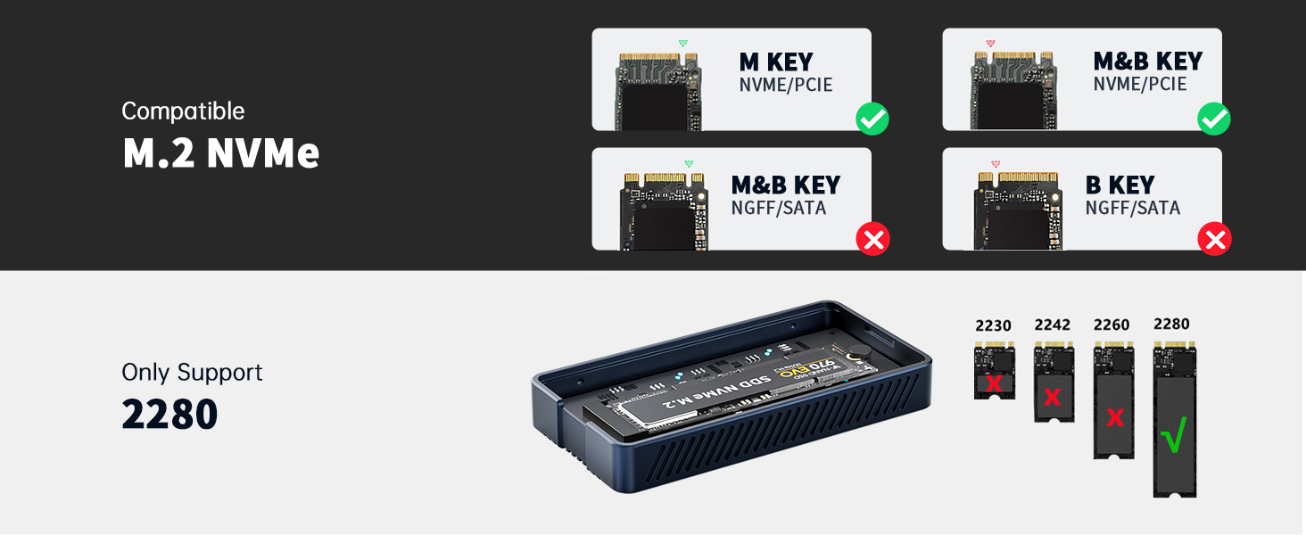 This product supports M-key & B+M key PCIe NVMe SSDs (size: 22*80).