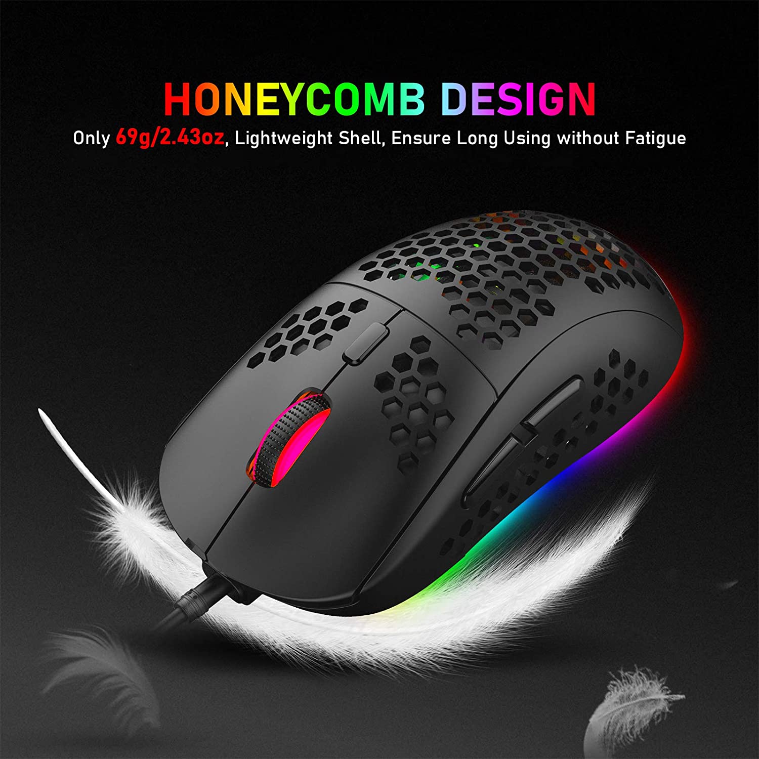 Wired Lightweight Gaming Mouse,6 RGB Backlit Mouse with 7 Buttons Programmable Driver,6400DPI Comput