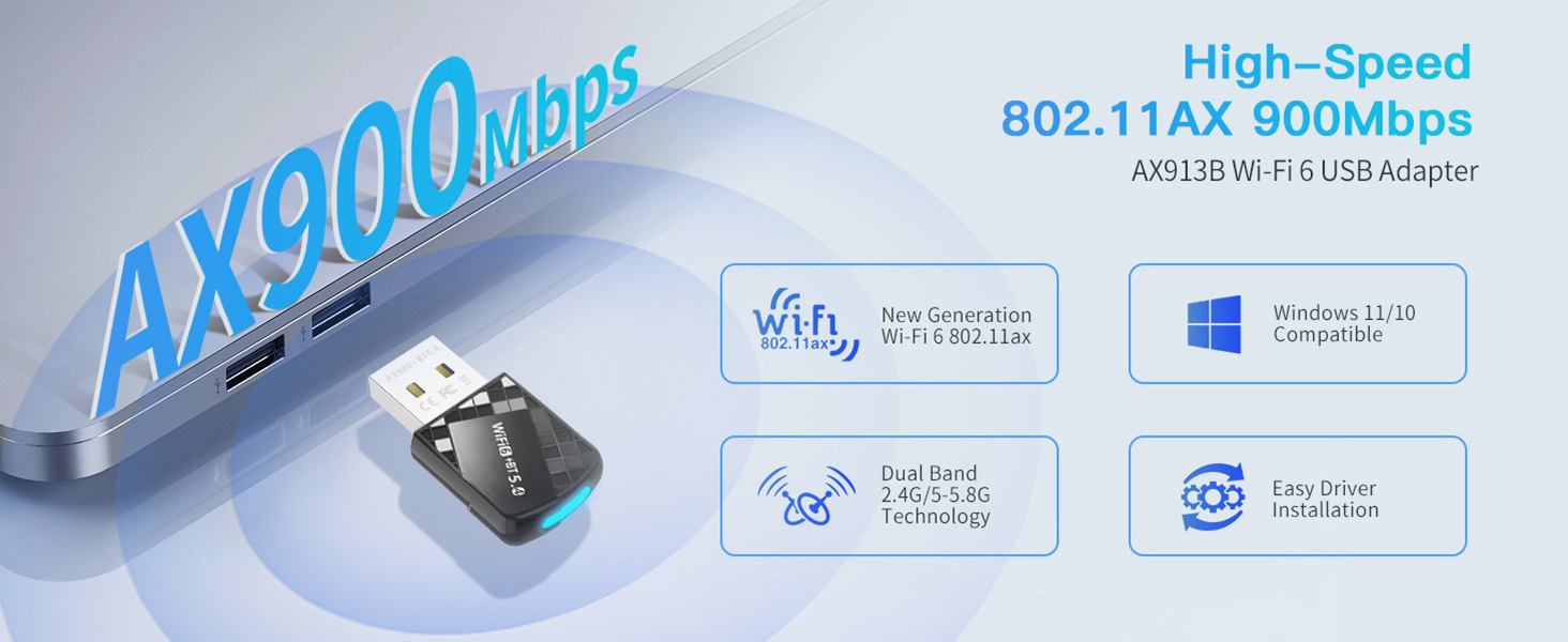 900Mbps High Speed 802.11ax Wi-Fi 6 Adapter