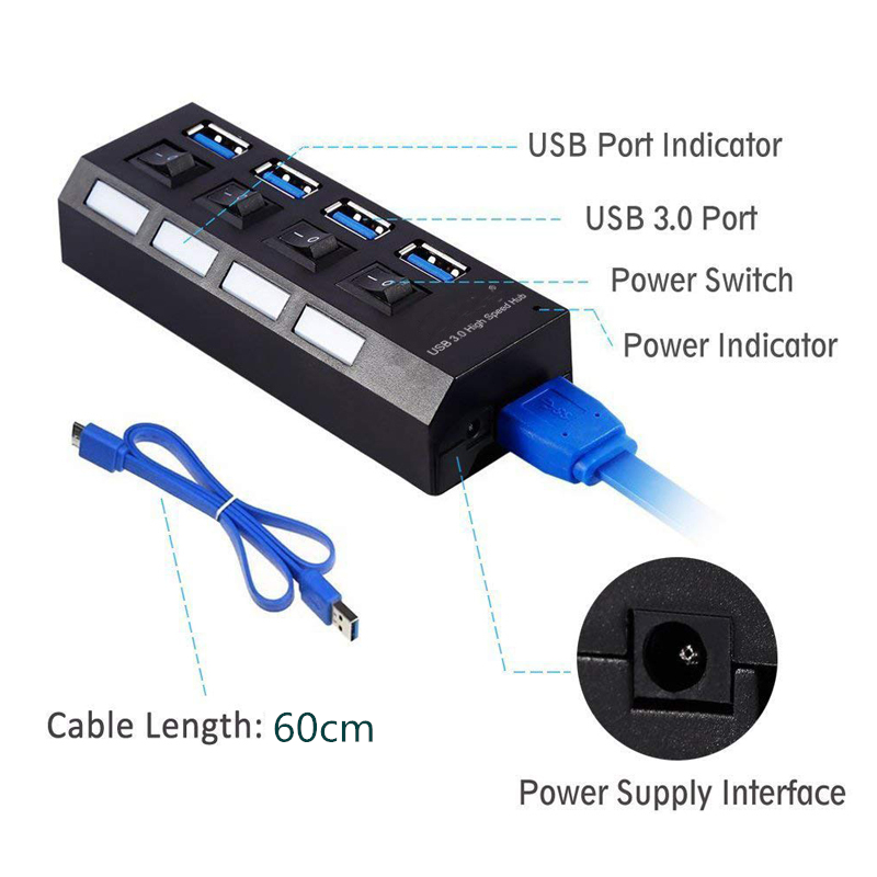 Multi Port USB Splitter, 7 Port USB 3.0 Hub, USB A Port Data Hub with Independent On/Off Switch