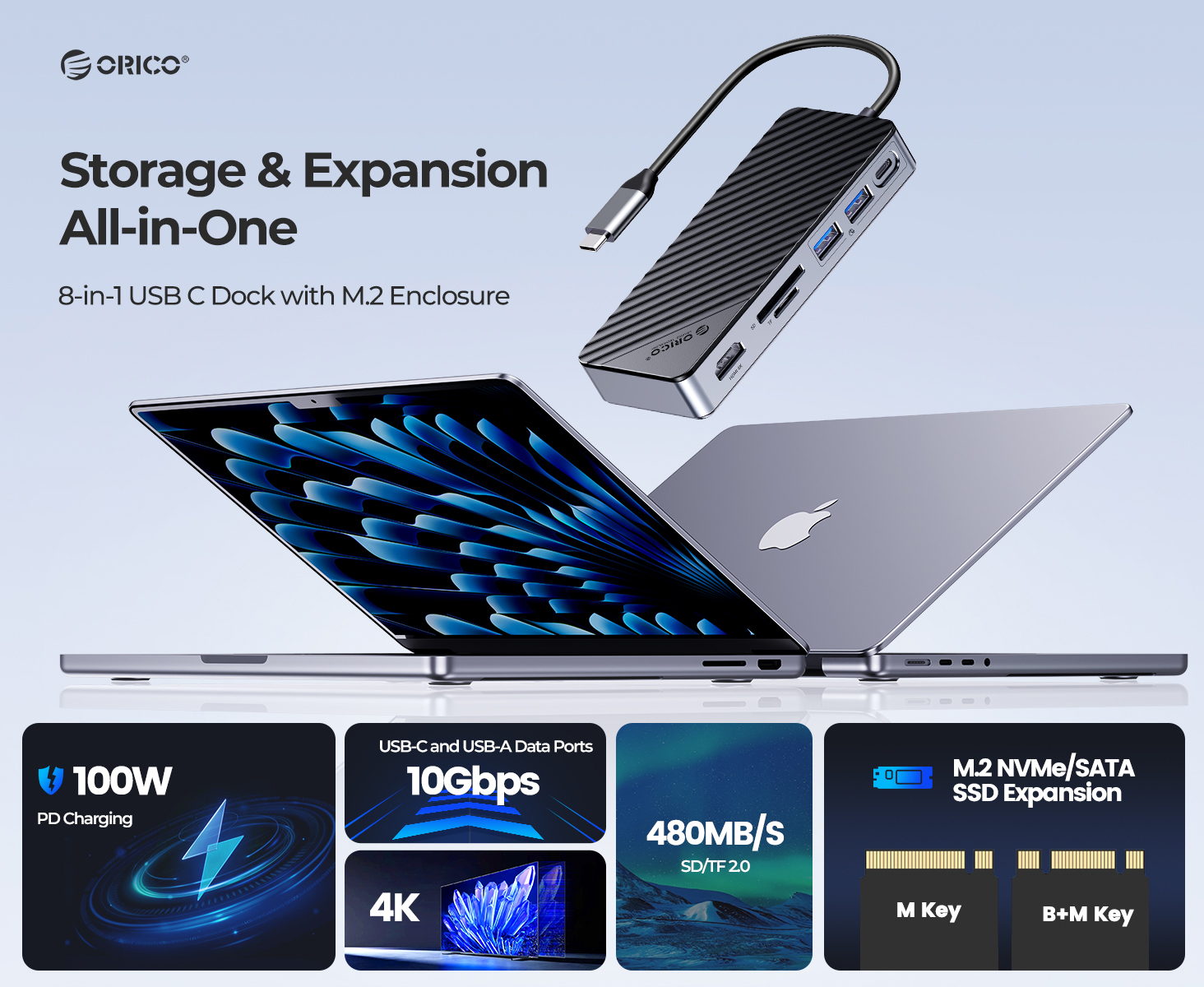 ORICO USB-C Hub with M.2 SSD Enclosure, 8-in-1 USB C Docking Station Fits M.2 NVMe/SATA SSD, 10Gbps,