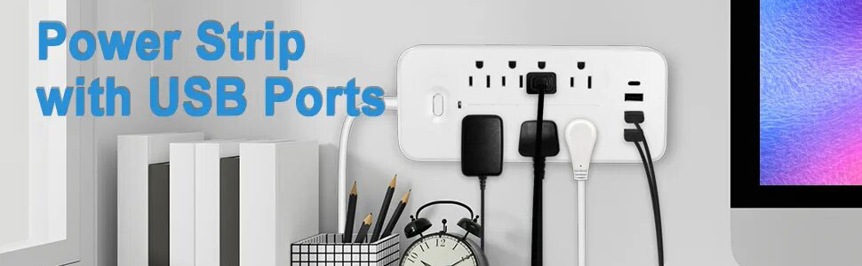 Power Strip,Surge Protector with 8 AC Outlets and 3 USB Charging Ports