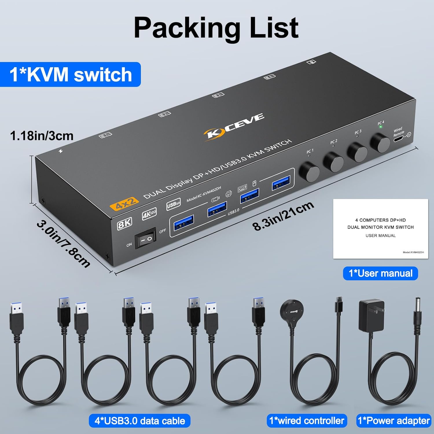 USB3.0 KVM Switch for 2 Monitor 4 PC