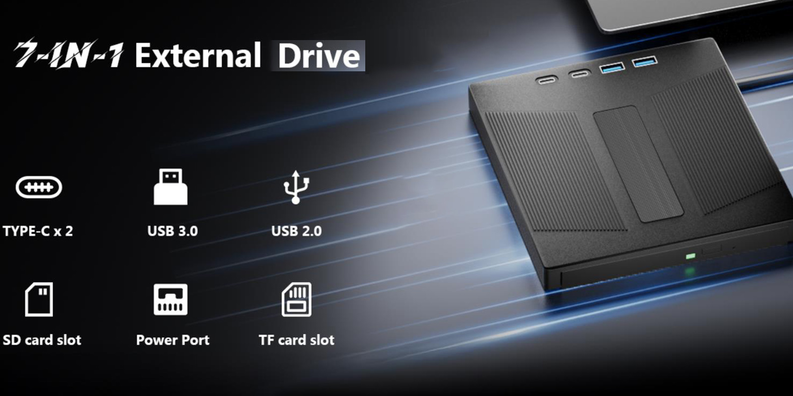External CD/DVD Drive, 7 in 1 External USB DVD Drive with 2 USB A + 2 Type C and TF/SD Card Slots CD