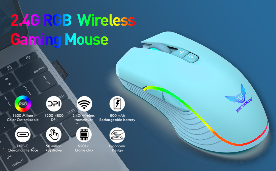 Rechargeable Wireless Gaming Mouse, RGB LED Backlit Mouse with 4 Adjustable DPI, 7 Button, 2.4G USB