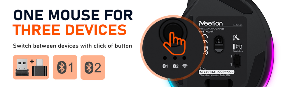 Multi-Device Vertical Ergonomic Mouse 2.4G USB-A + Type-C Adapter Bluetooth 5.2 + Bluetooth 3.0