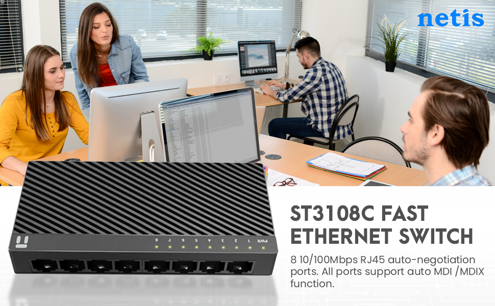 Netis ST3108C 8 Port 10/100Mbps Fast Ethernet Switch | Desktop Ethernet Splitter