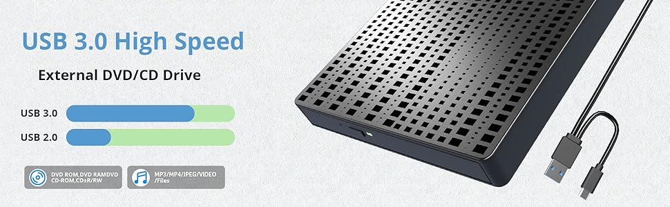 Hitoor External CD/DVD Drive for Laptop, USB 3.0 Type C CD DVD Player Portable +/-RW Burner CD ROM R