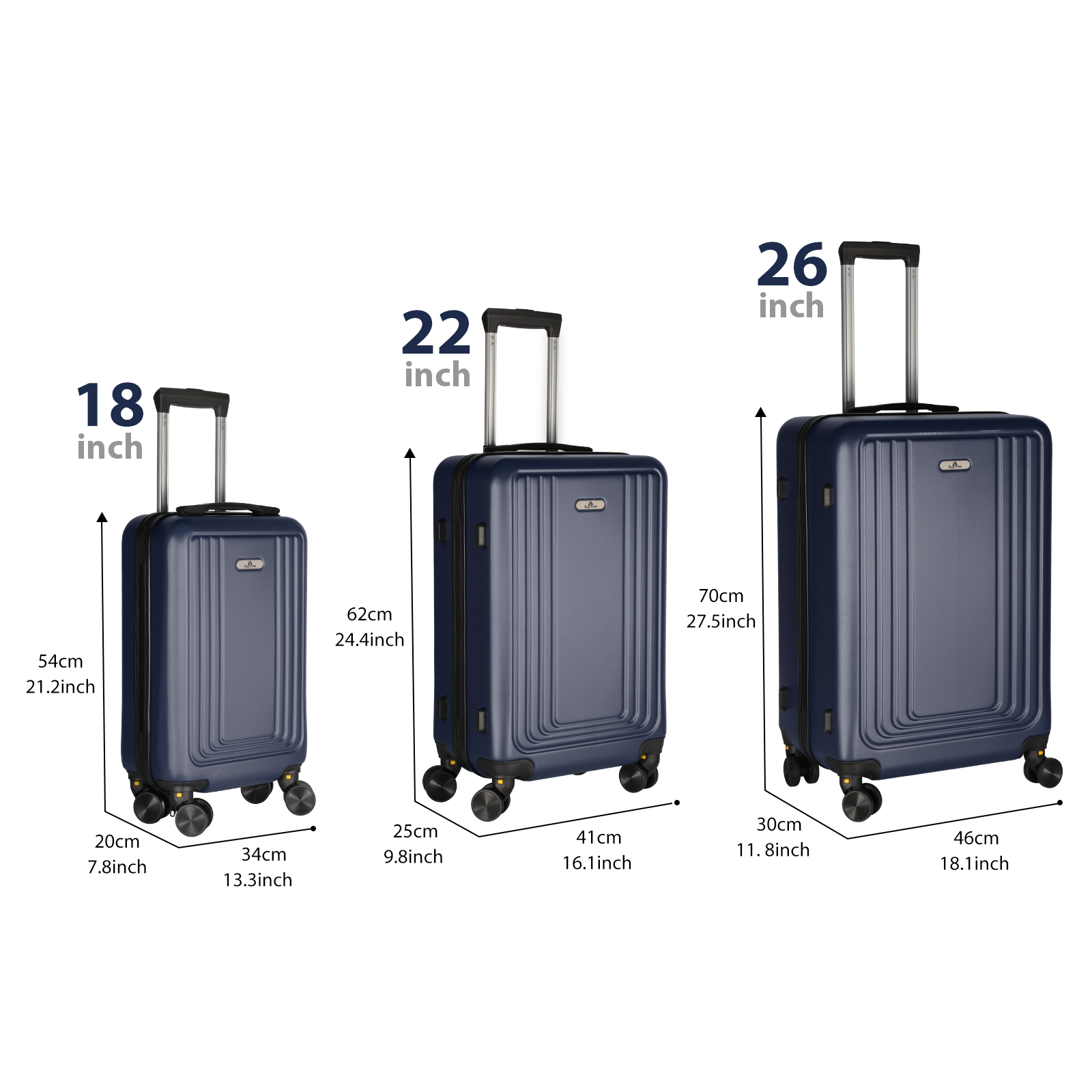 Luggage Set 3-Piece (18in 22in 26in), Dark Blue