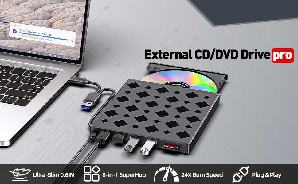 External CD/DVD Drive for Laptop, 7-in-1 External DVD Drive/Burner/Reader DVD Player for Laptop USB