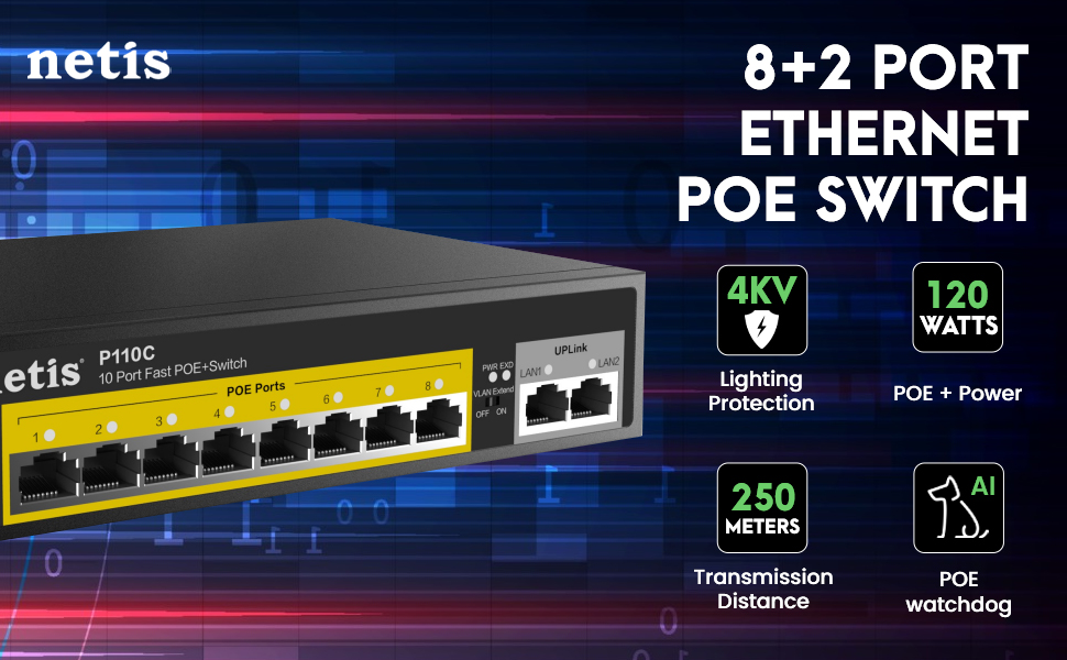 Netis P110C 8 POE+2 Uplink 100M Standard Fast Ethernet POE/POE+ Switch with Plug and Play