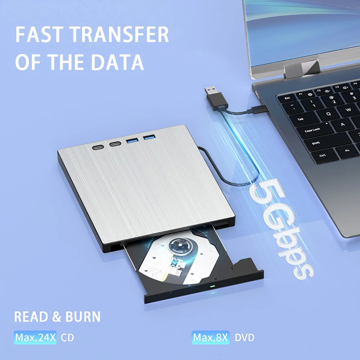 The external cd/dvd drive for laptop is a 7-in-1 device with versatile functions, including 1 SD car