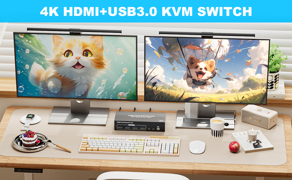 Dual Monitor HDMI KVM Switch 2 Monitors 2 Computers, 4K@60Hz HDMI KVM Switches