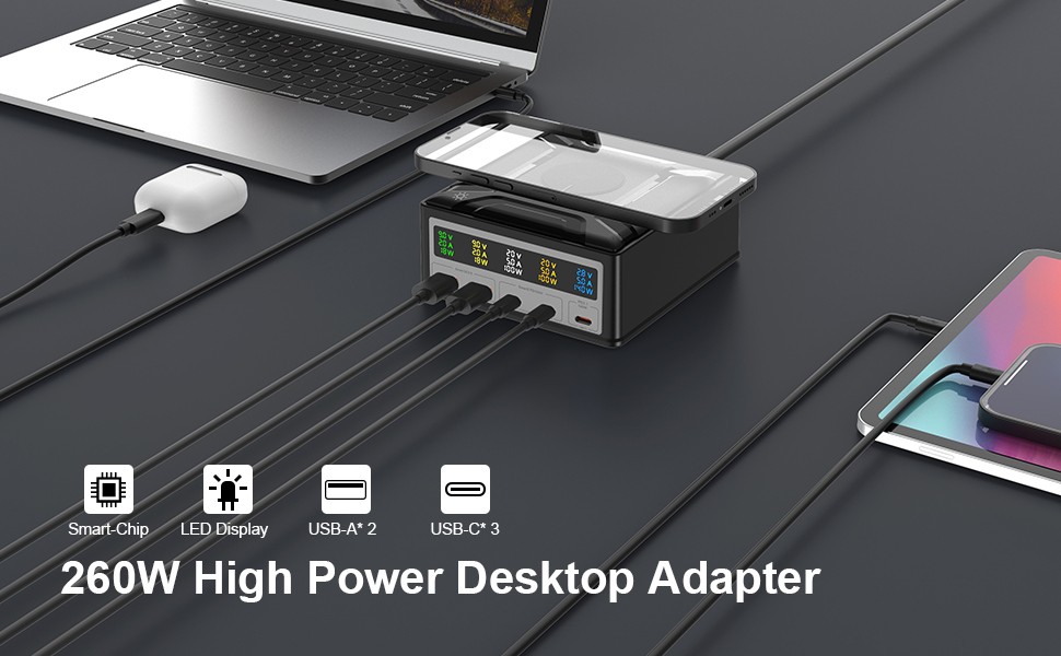 Jansicotek 260W 5-Port GaN USB Charging Station