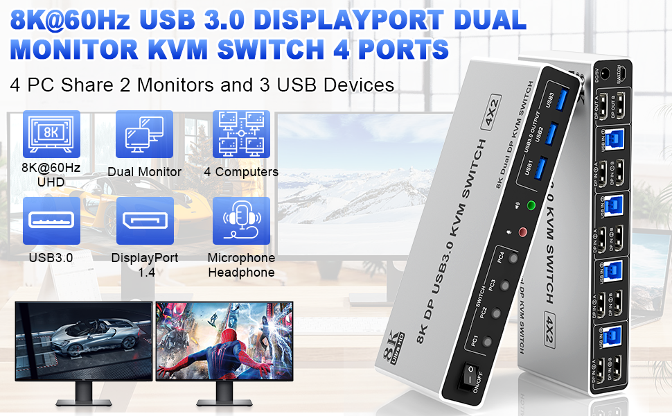 8K@60Hz USB3.0 Displayport KVM Switch 2 Monitors 4 Computers, 4 Port DP1.4 Dual Monitor Displayport