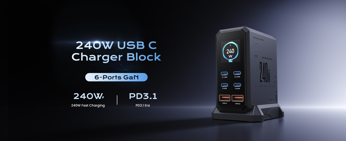 240W USB C Charger Block, 6 Ports USB Charging Station, GaN 140W PD 3.1 USB Charger