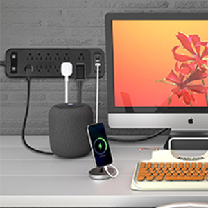 Wall-mounted power strip Two T-shaped holes on the back of the USB power strip allow the strip to ha
