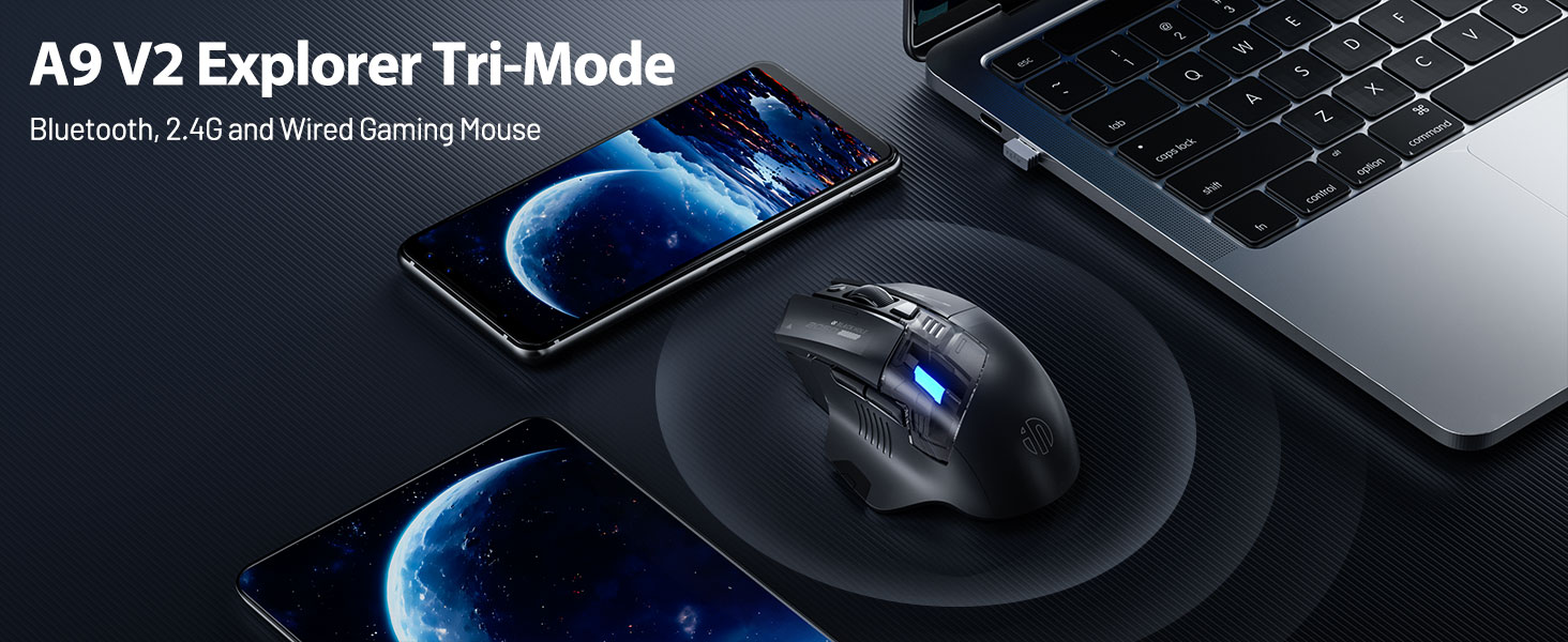 A9 V2 Explorer Wireless Mouse, Tri-Mode 2.4G/Type-C Wired/Bluetooth Gaming Mouse, Rechargeable, 1280