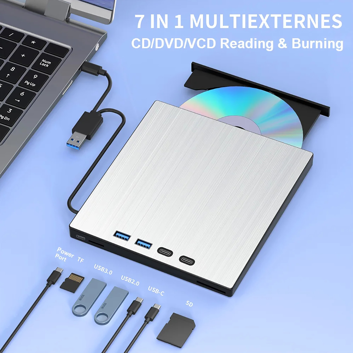 External CD/DVD Drive, 7 in 1 Portable USB DVD Drive External with 2 USB A+2 Type C Ports, TF/SD Car