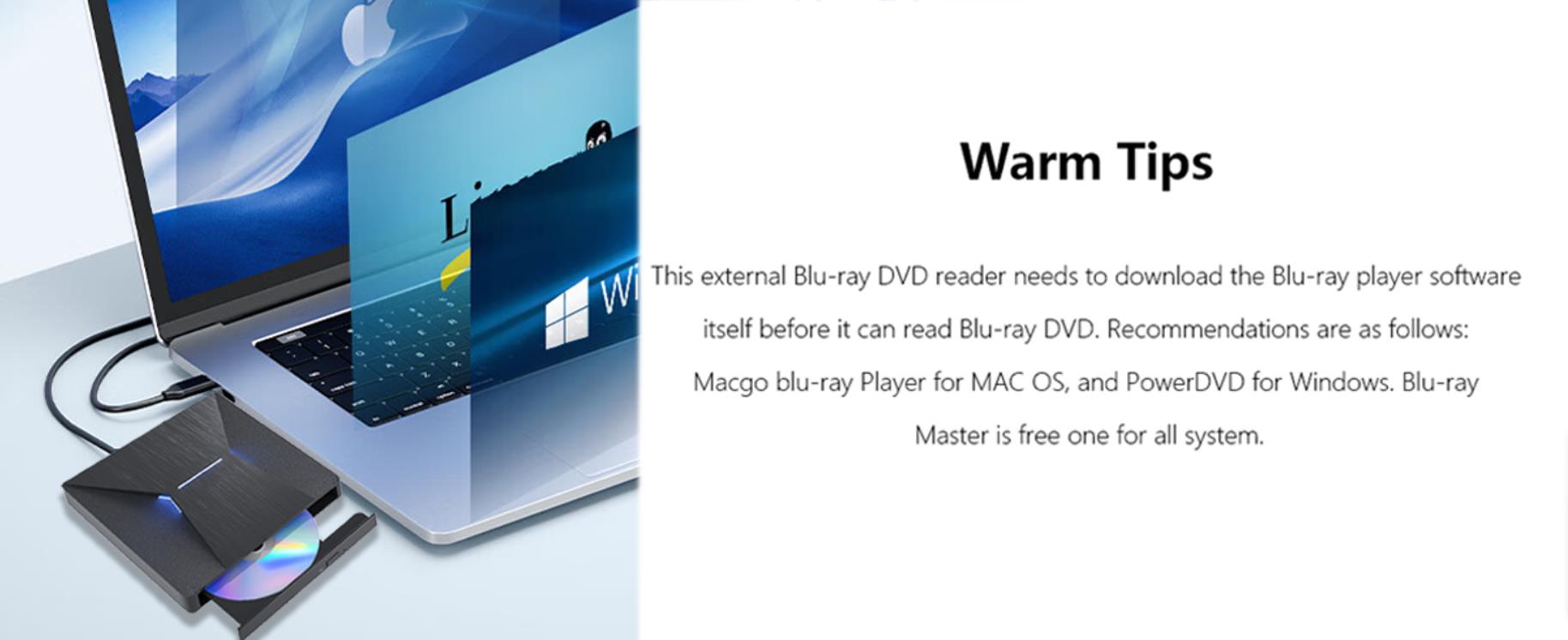 External Blu Ray Drive, USB 3.0 and Type-C External Blu-Ray CD DVD Drive, Blu-ray Reader 3D