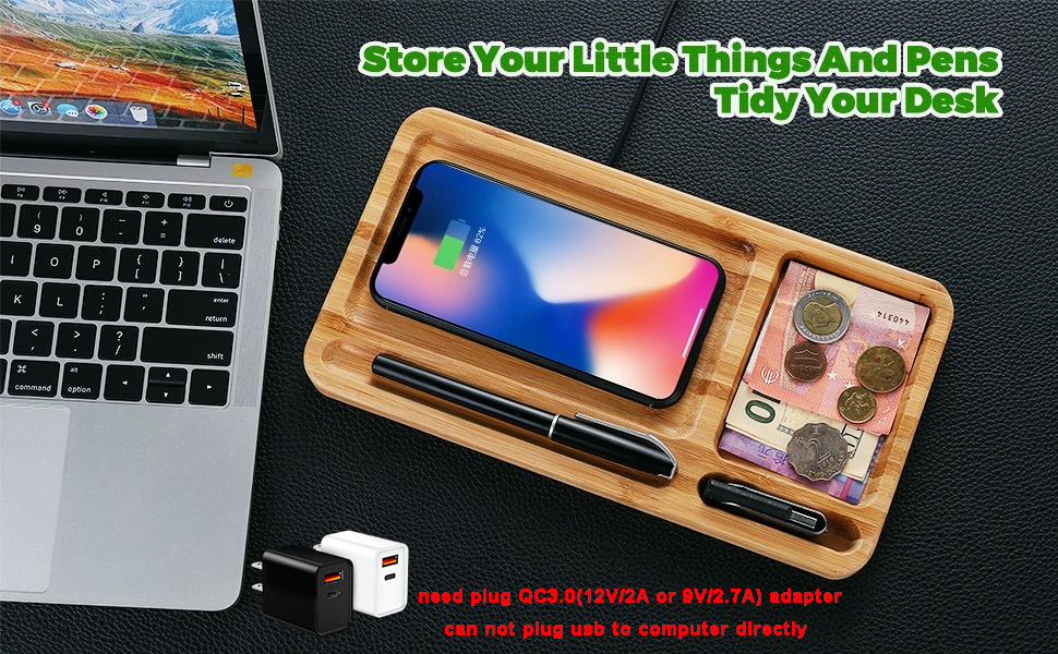 15W Wood Phone Wireless Charging Station with Desk Organizer Pad