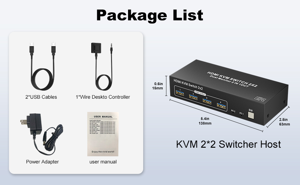 Dual Monitor HDMI KVM Switch 2 Monitors 2 Computers, 4K@60Hz HDMI KVM Switches