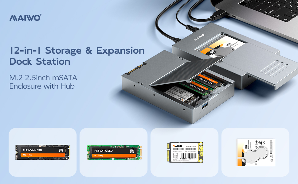 USB3.2 Gen2 Type-C Docking Station with 5 Hard Drive Enclosures for M.2 NVMe/M.2 SATA/mSATA/2.5 SATA