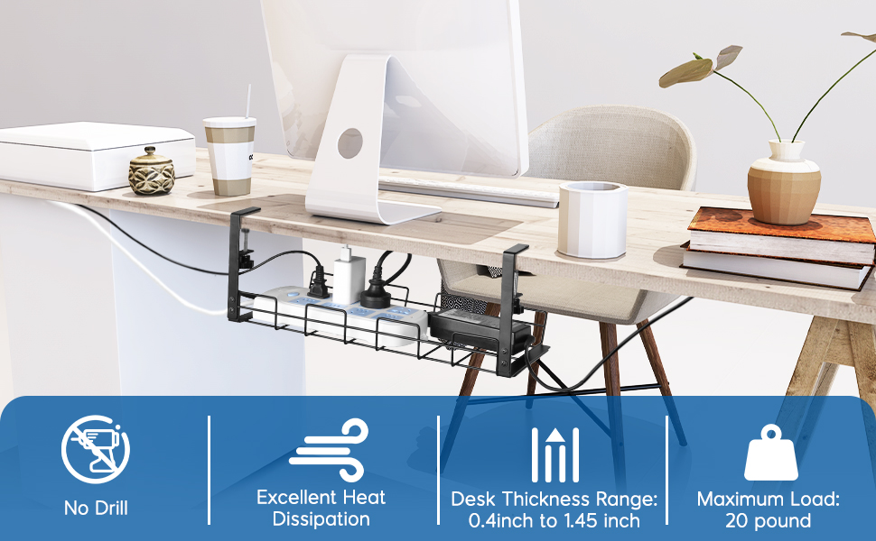 Under Desk Cable Management Tray, No Drill to Desk, Just Clamps.