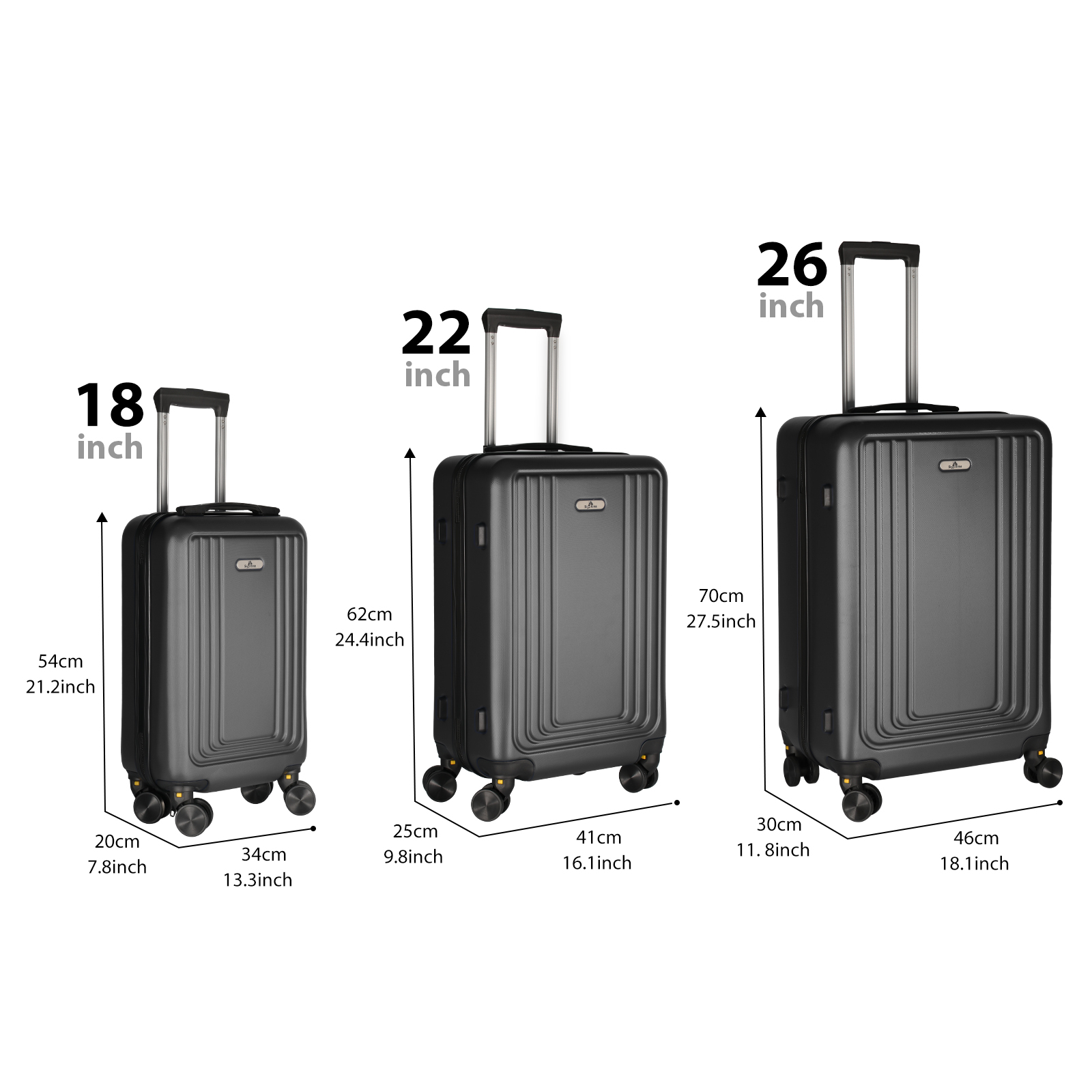 Luggage Set 3-Piece (18in 22in 26in), Black