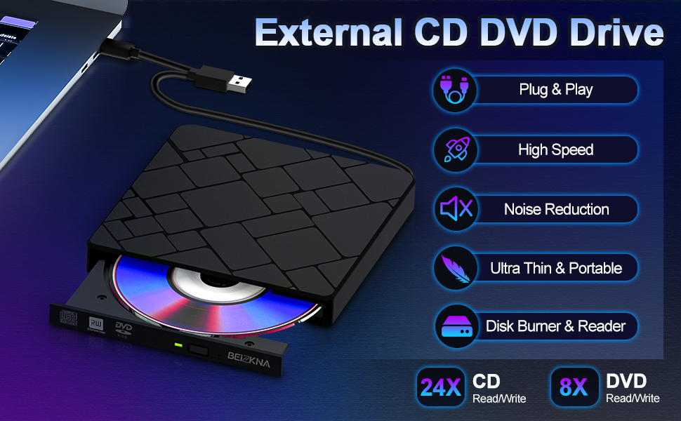 USB 3.0 & USB-C External CD/DVD Drive for Laptop/PC :
