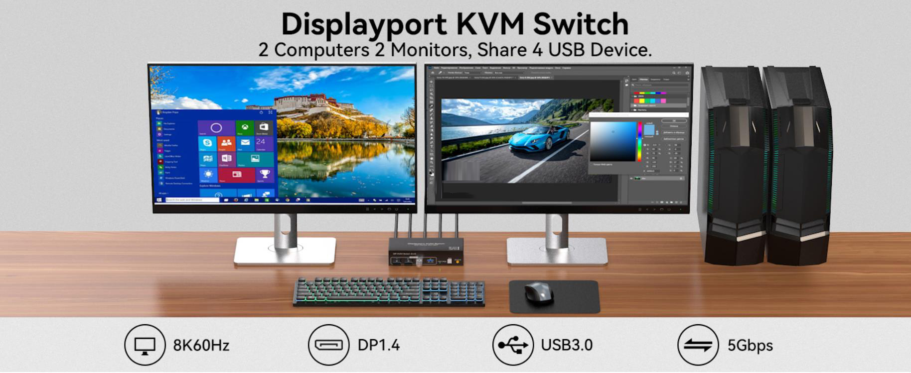 Caveat Make sure that both computers have two DP ports and one USB-A port each, that both monitors h