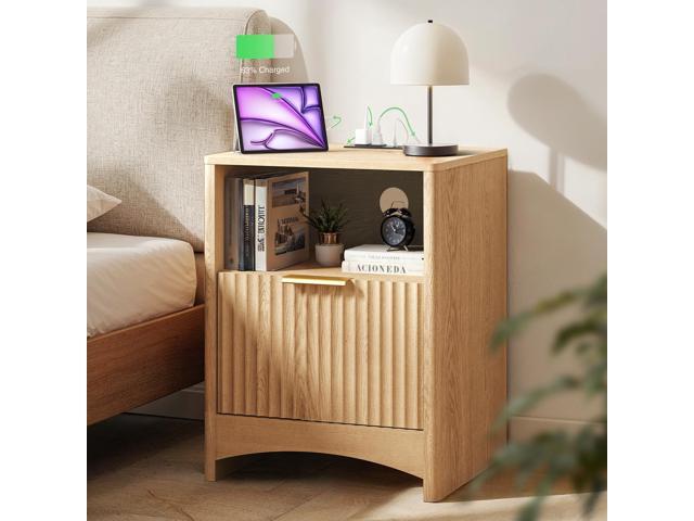 Fluted Nightstand with Charging Station, Adjustable Bedside Table with USB & AC