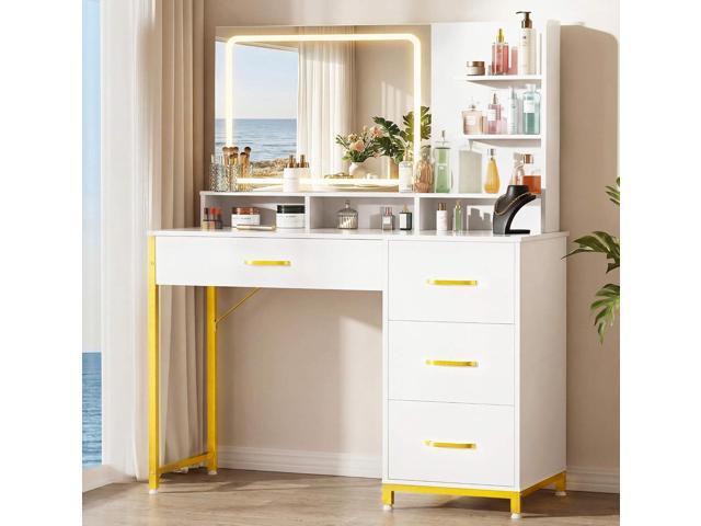 Vanity Desk with Mirror and Lights, Makeup Vanity Table with 4 Drawers & Storage