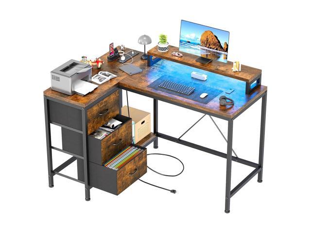 Patikuin L Shaped Desk with Power Outlets & LED Lights, Computer Desk with Drawe