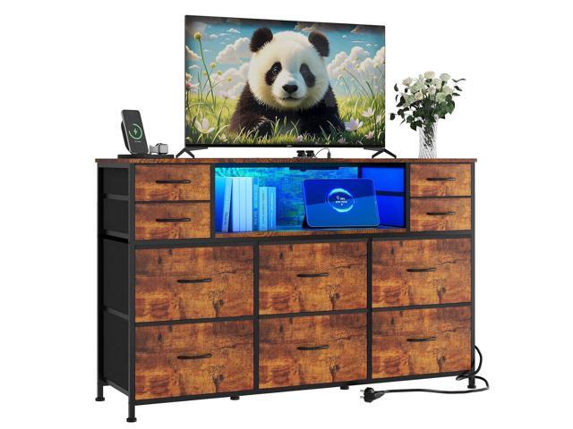 Patikuin LED 10-Drawer TV Stand with Charging Station 3-Tier Fabric Dresser for