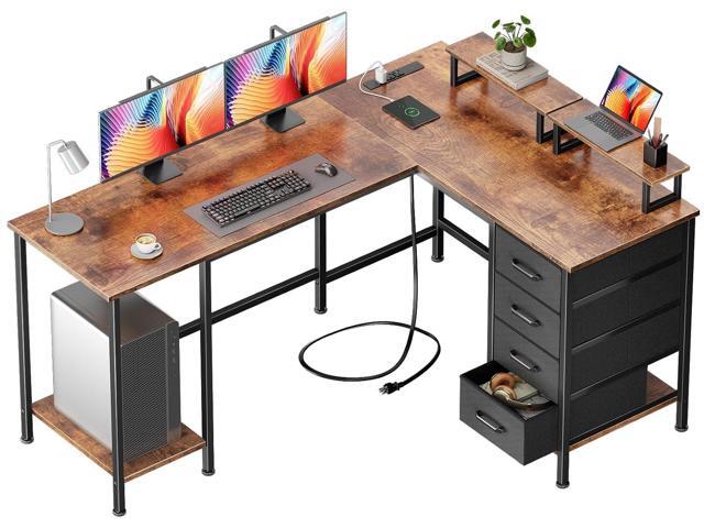 Korfile 59 inch L Shaped Computer Desk with Power Outlets, Rustic Brown | Ideal