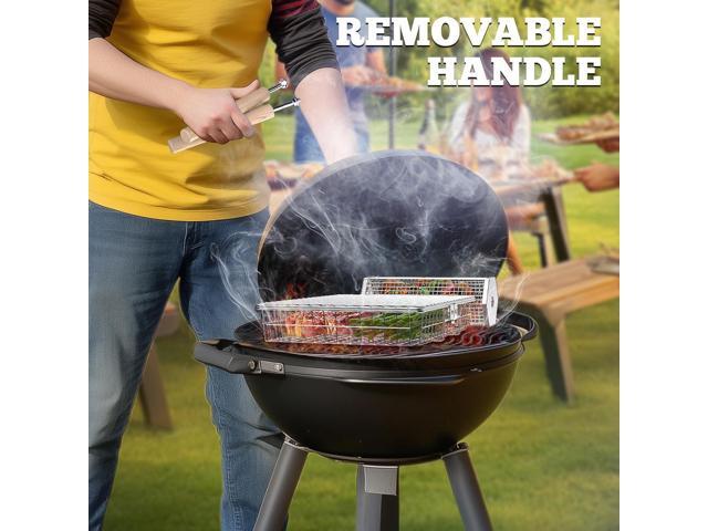 ivtivfu Grill Basket Set, Removable Wooden Handle, 304 Stainless Steel, Rolling