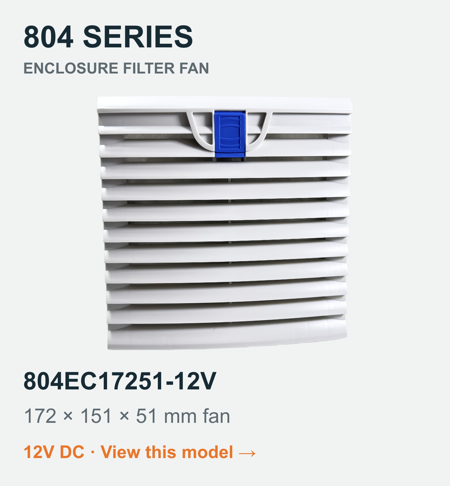 804EC17251-12V filter fan assembly. 172 × 151 × 51 mm fan. Dimensions shown are the fan, not the panel cutout.