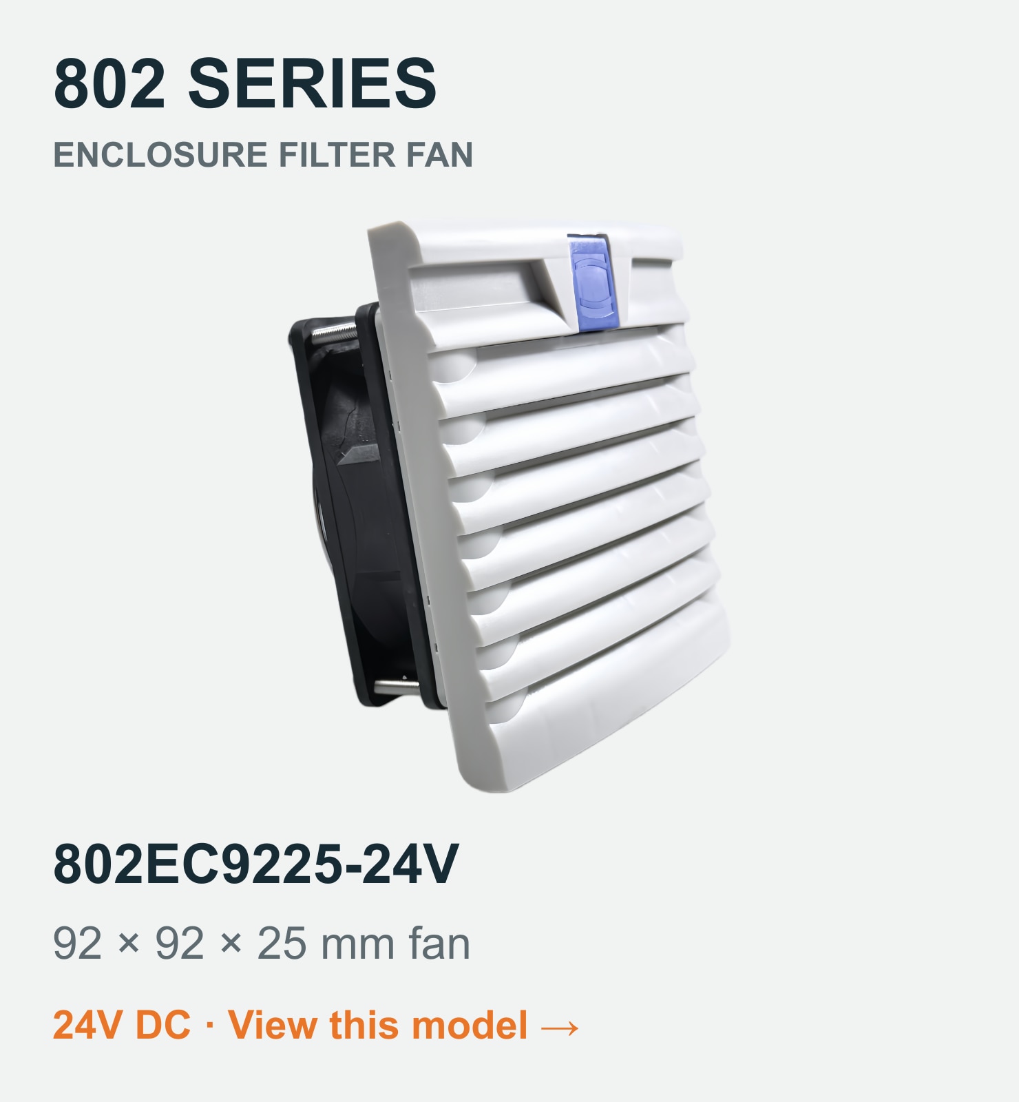 802EC9225-24V filter fan assembly. 92 × 92 × 25 mm fan. Dimensions shown are the fan, not the panel cutout.