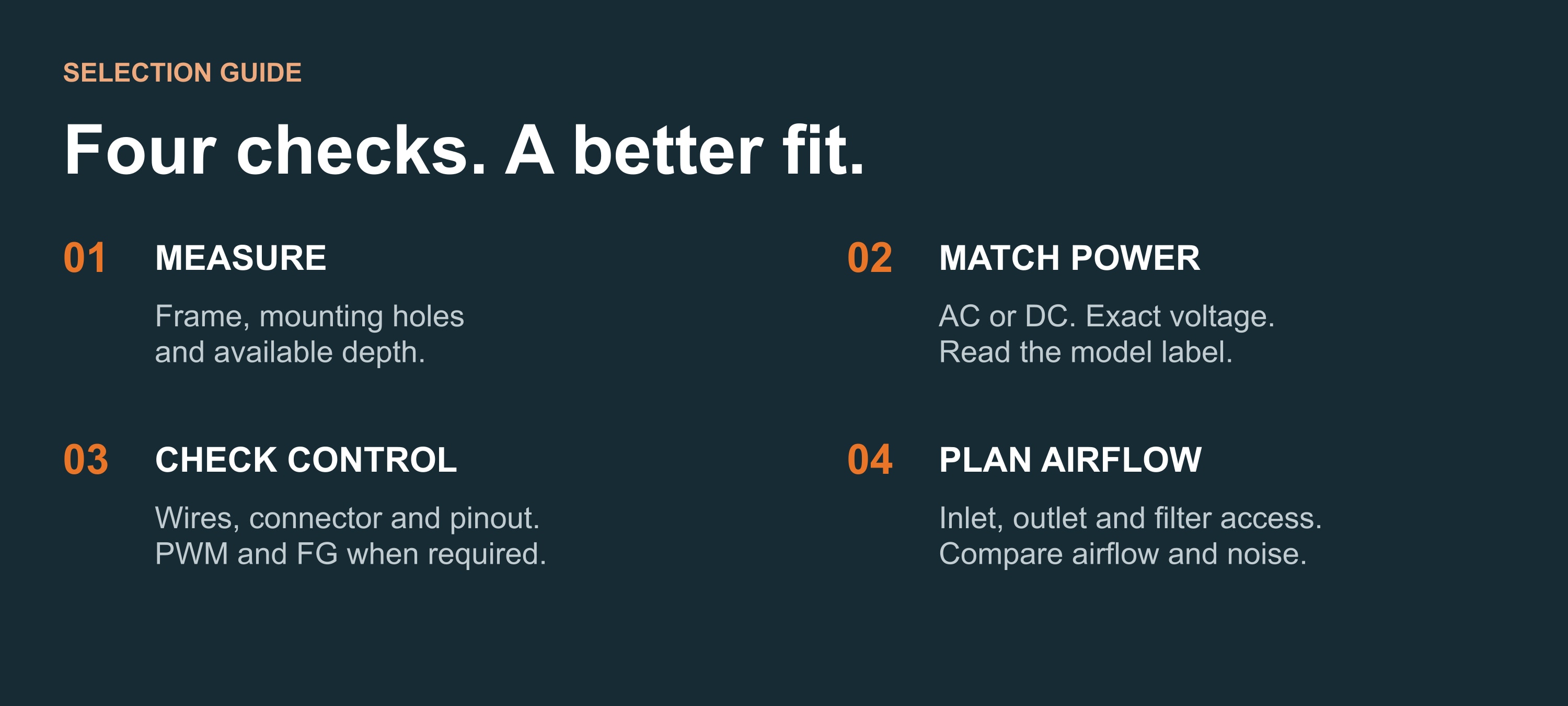 Selection guide: measure frame, holes and depth; match exact power; check wires, connector, PWM and FG; plan inlet, outlet, filter access, airflow and noise.