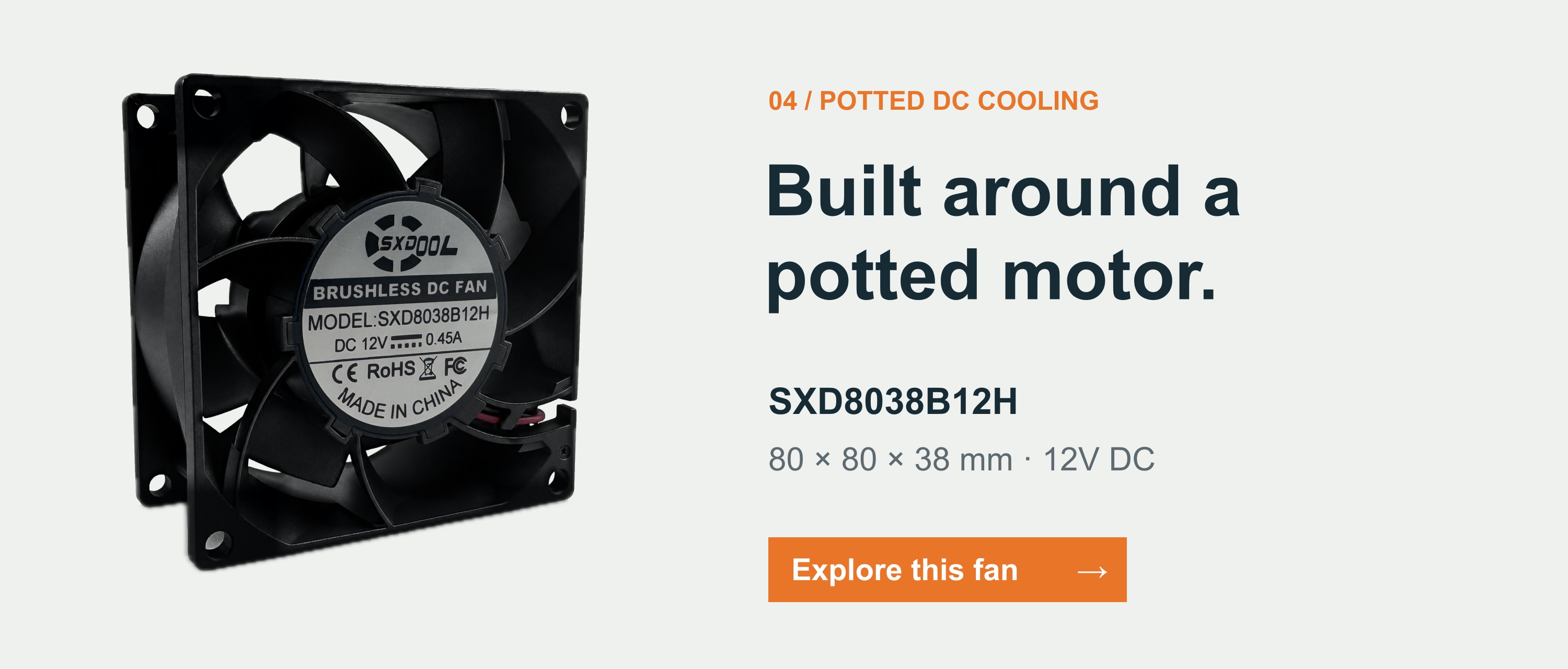 SXD8038B12H potted DC cooling fan, 80 x 80 x 38 mm, 12V DC.