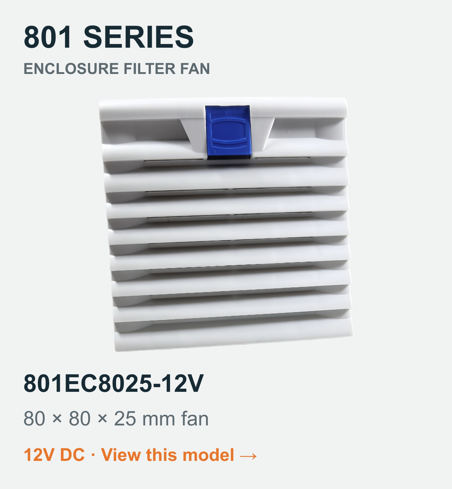 801EC8025-12V filter fan assembly. 80 × 80 × 25 mm fan. Dimensions shown are the fan, not the panel cutout.
