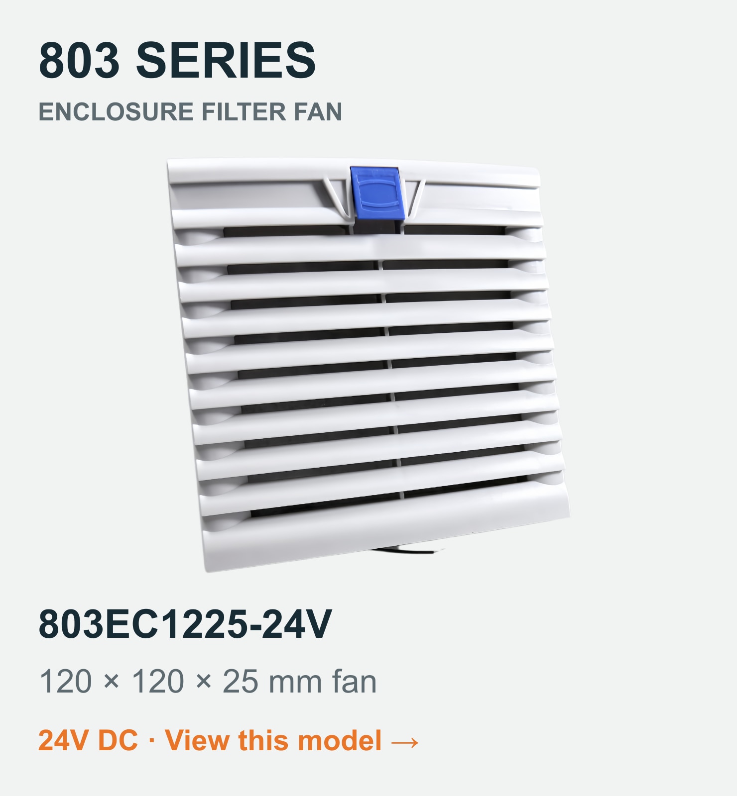 803EC1225-24V filter fan assembly. 120 × 120 × 25 mm fan. Dimensions shown are the fan, not the panel cutout.
