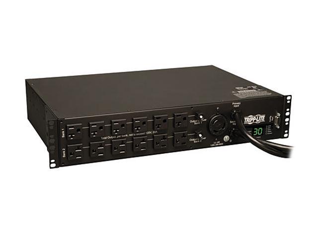 Tripp Lite Metered PDU with ATS, 2.9 kW Single-Phase 120V Outlets (24 x 5-15/20R, 1 x L5-30R), 2 x L5-30P, 2 x 10 Feet Cords, 2U Rack-Mount, TAA (PDUMH30AT)