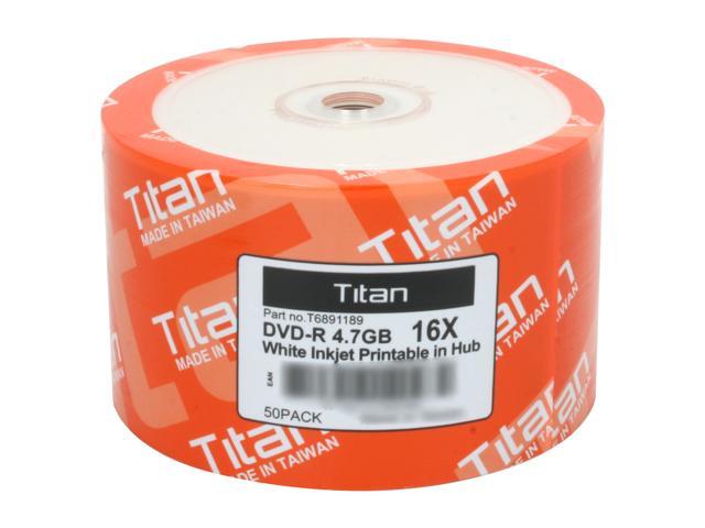 Titan 4.7GB 16X DVD-R White Inkjet Hub Printable Metalized Hub 50 Packs Disc Model T6891189