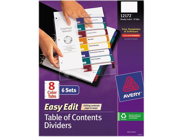 Avery 12172 Ready Index Customizable Table of Contents, Asst Dividers, 8-Tab, Ltr, 6 Sets
