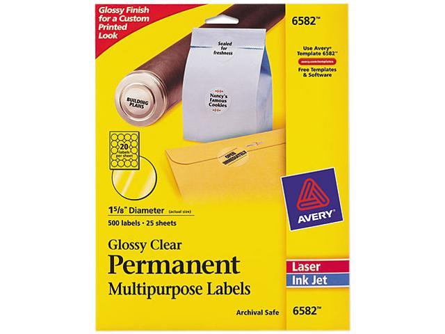 Avery 6582 Permanent I.D. Labels, 1 2/3" dia., Clear, 500/Pack