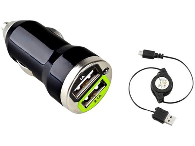 Insten Black Dual USB Mini Car Charger Adapter + Retractable Micro USB Cable Compatible with Samsung Galaxy Note II N7100