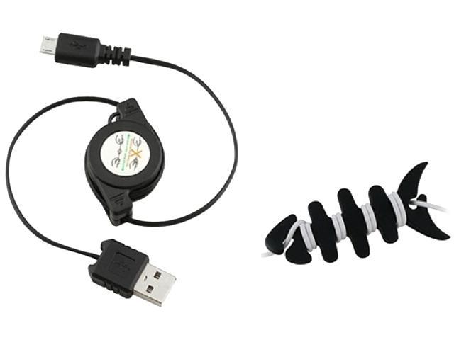 Insten Black Retractable [2-in-1] Micro USB Cable+Black Headset Smart Wrap Compatible With HTC EVO 4G LTE One X XL Thunderbolt