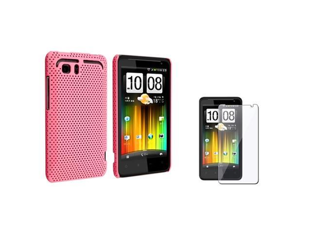 Insten Snap-On Pink Rubber Hard Skin Cover Case + Film For HTC Vivid Raider 4G Holiday